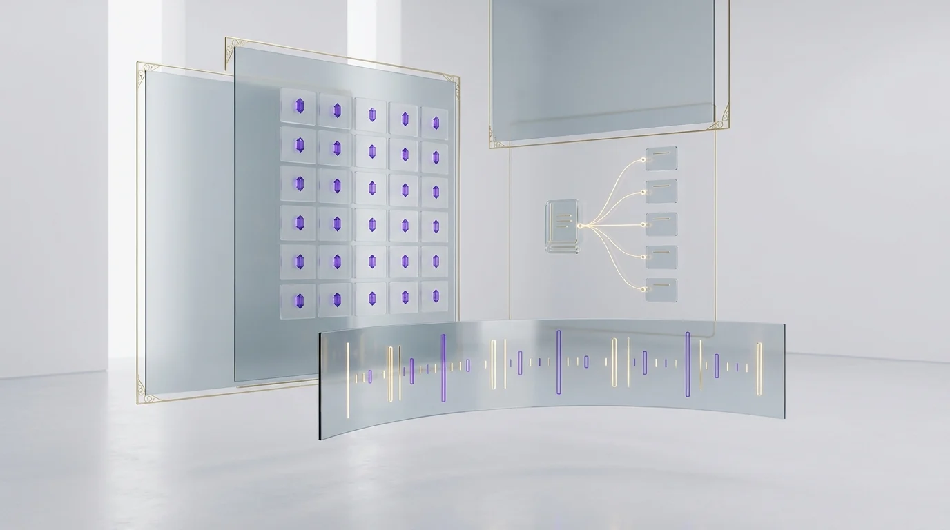 An abstract installation with translucent panels and purple lighting represents CAQA Compliance’s approach to compliance.